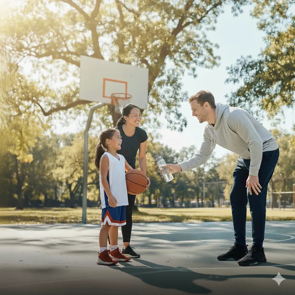 Parent offering a water bottle to a child during outdoor basketball practice