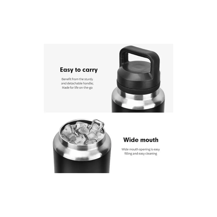 Bottle Features showing ihe easy carry handle lid and wide mouth for easy filling and cleaning.