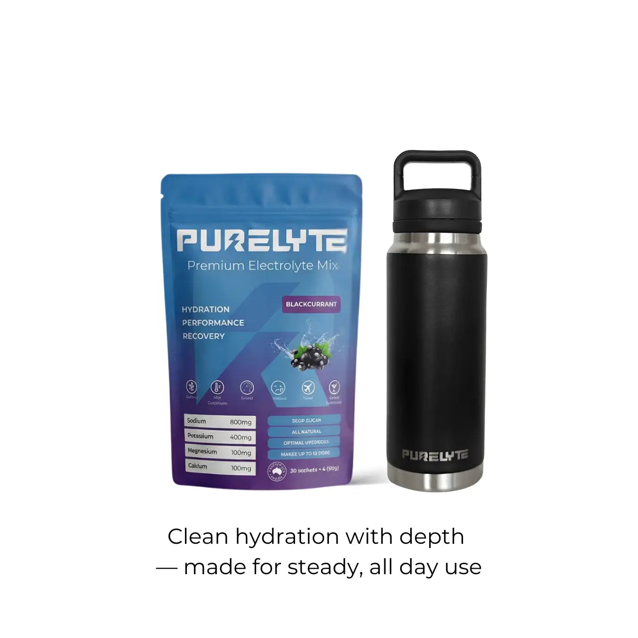 Purelyte Hydration Starter Pack - PURELYTE blackcurrant electrolyte mix pack and black insulated bottle