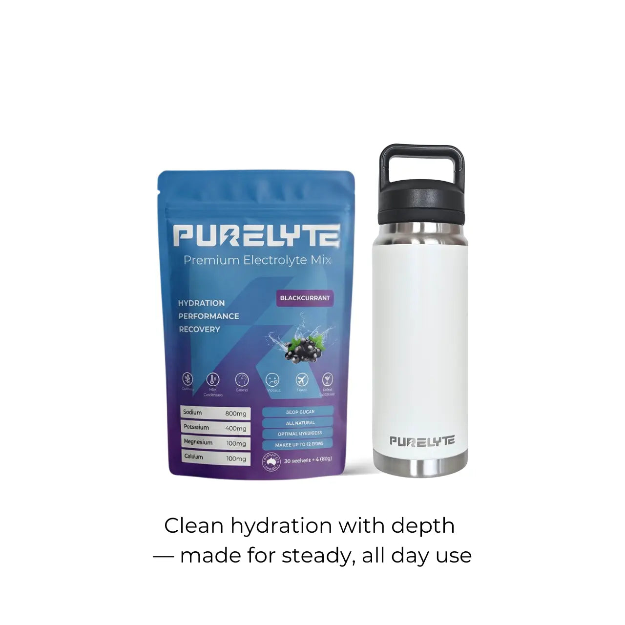 Purelyte Hydration Starter Pack - PURELYTE blackcurrant electrolyte mix pack and water bottle