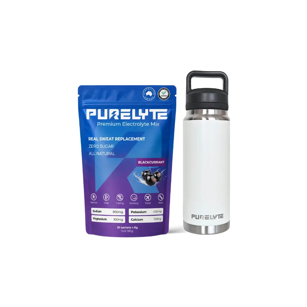 Purelyte Hydration Starter Pack - PURELYTE blackcurrant electrolyte mix pack and water bottle