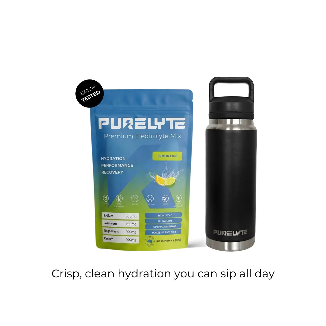 Purelyte Hydration Starter Pack - PURELYTE Lemon Lime electrolyte mix pack and black water bottle.