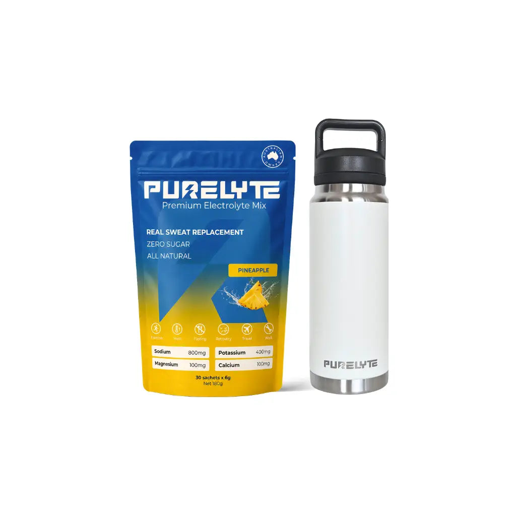 Purelyte Hydration Starter Pack - PURELYTE pineapple electrolyte mix pack and white PURELYTE insulated bottle.