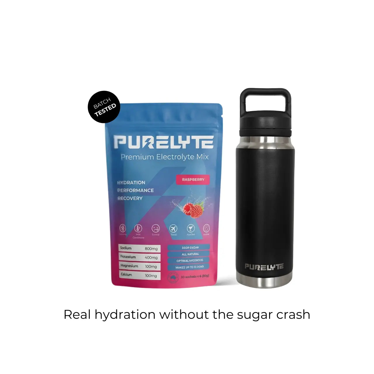 Purelyte Hydration Starter Pack - PURELYTE Raspberry electrolyte mix pack and black water bottle