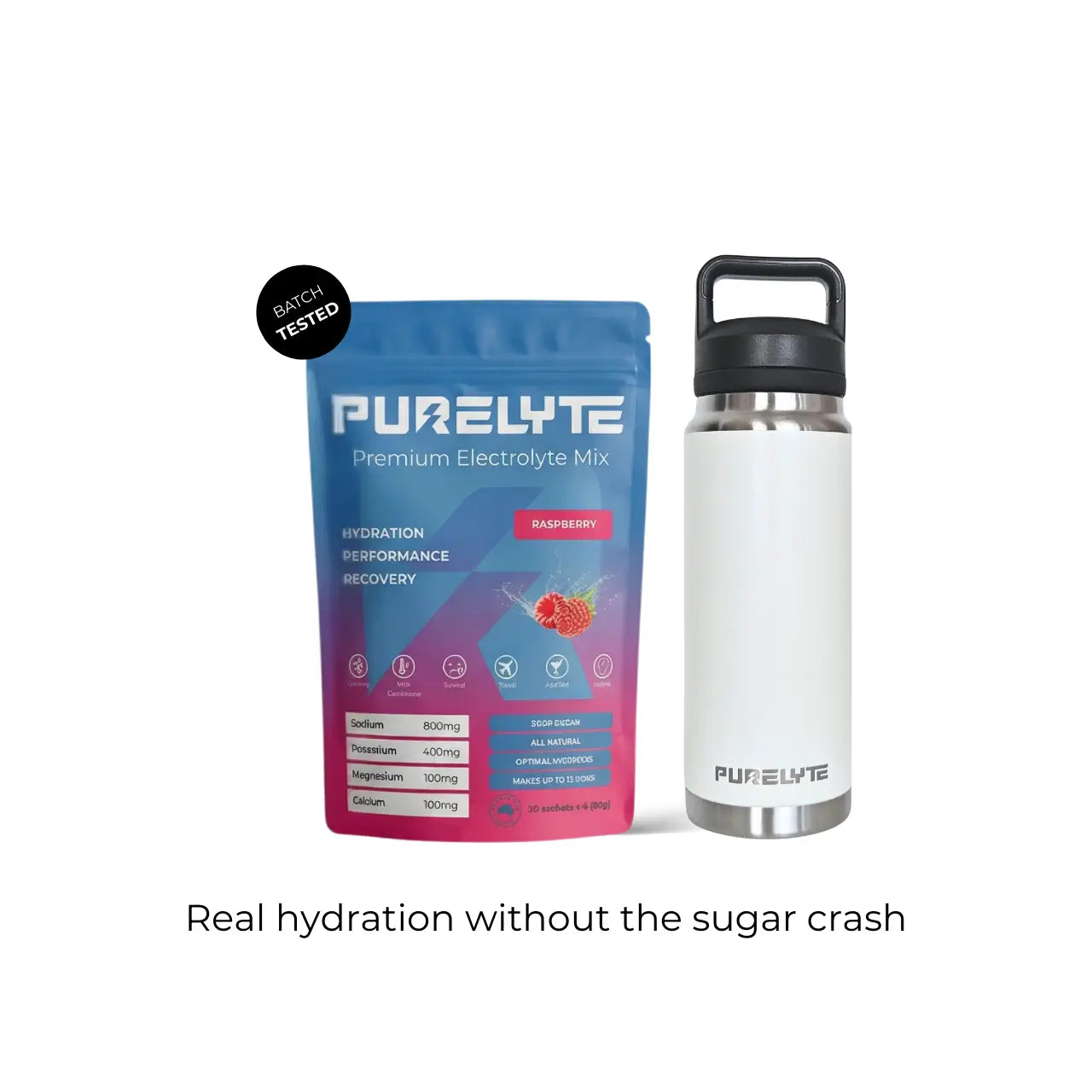 Purelyte Hydration Starter Pack - PURELYTE Raspberry electrolyte mix pack and white insulated bottle