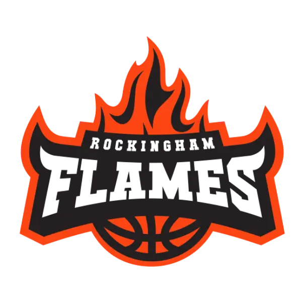 Rockingham Flames logo with flames and basketball design on a white background