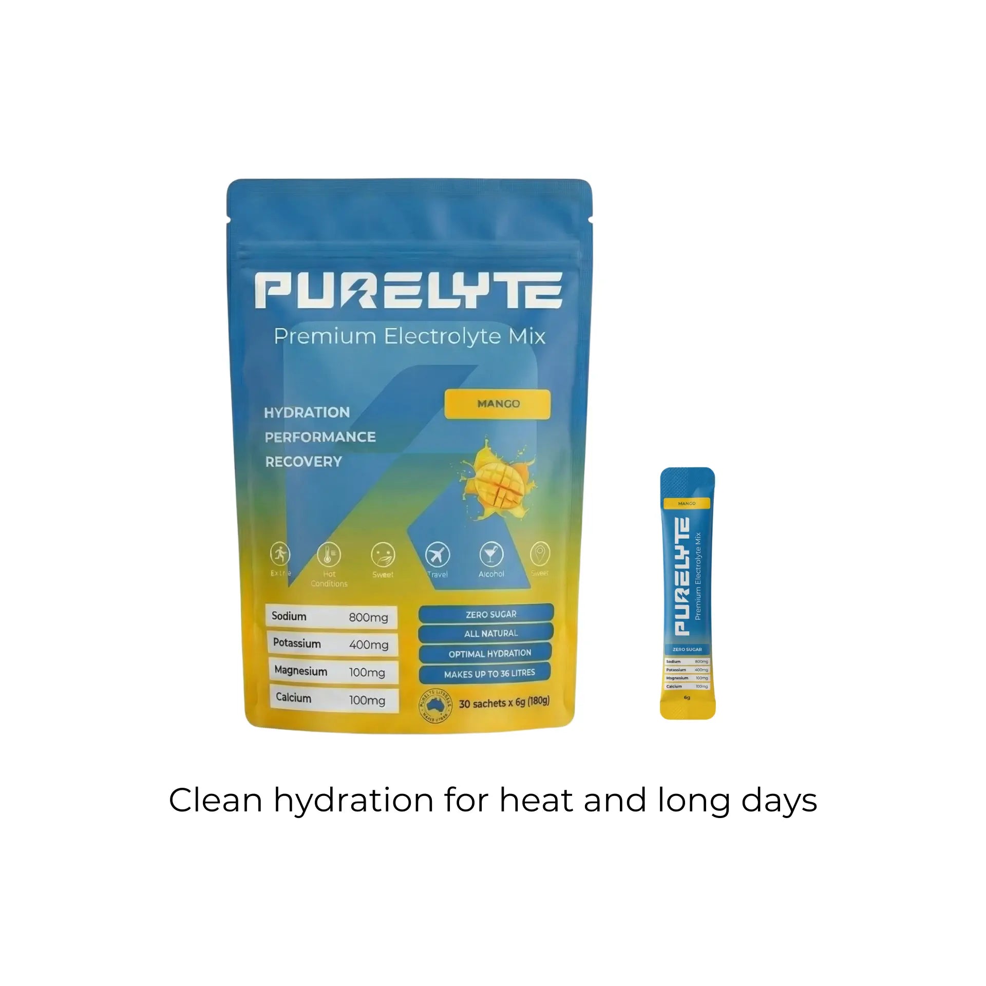 Purelyte premium electrolyte mix package with mango flavour on a white background