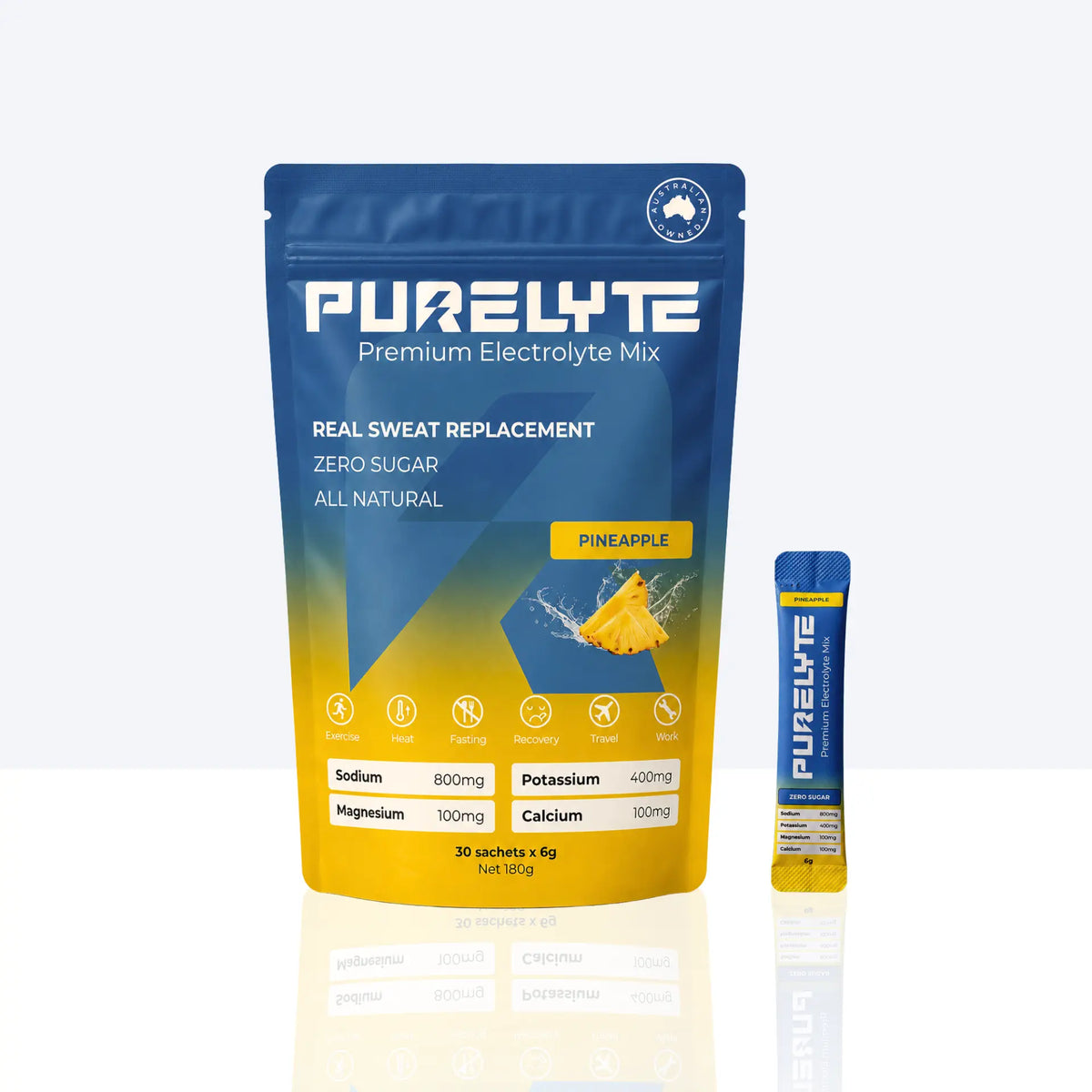 Purelyte premium electrolyte mix package with pineapple flavour on a white background