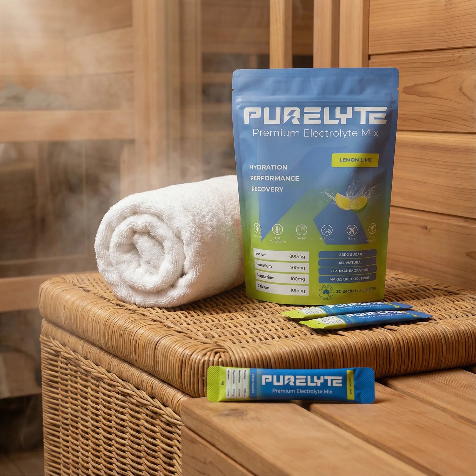 Lemon Lime PURELYTE electrolyte mix pack and sachets on a wicker basket with a towel in the background outside a sauna
