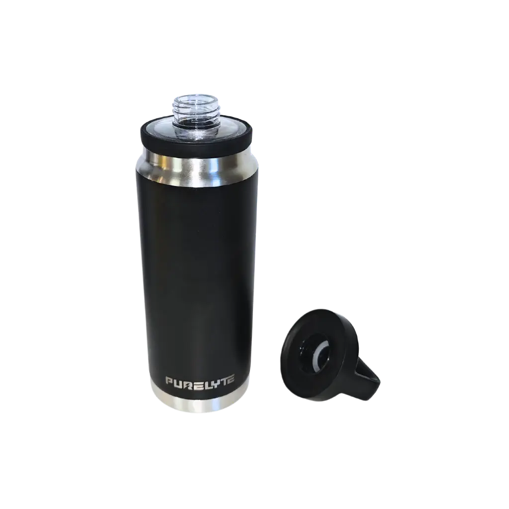 Black insulated Purelyte bottle with chug cap design and a black screw on cap