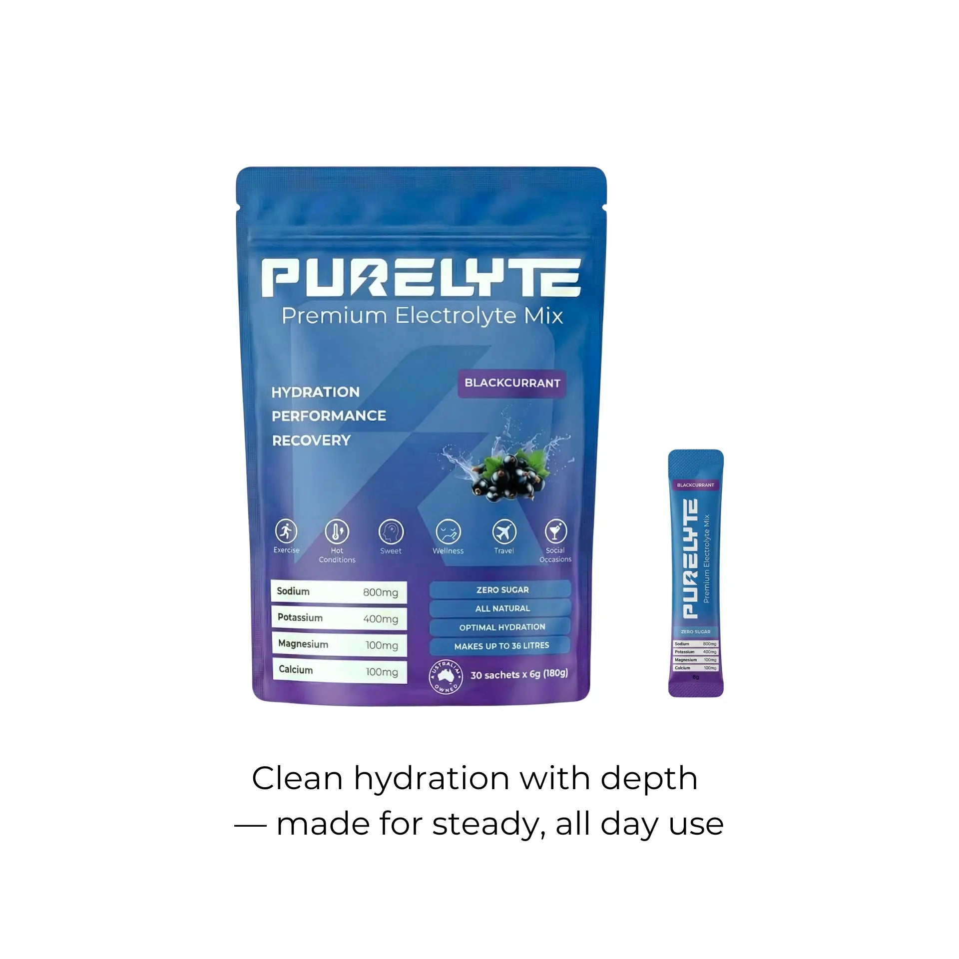 Purelyte premium electrolyte mix package with raspberry flavour on a white background