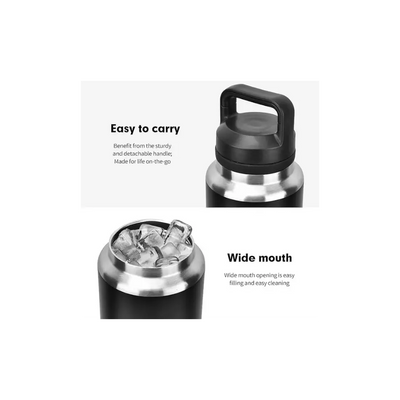 Bottle Features showing ihe easy carry handle lid and wide mouth for easy filling and cleaning.