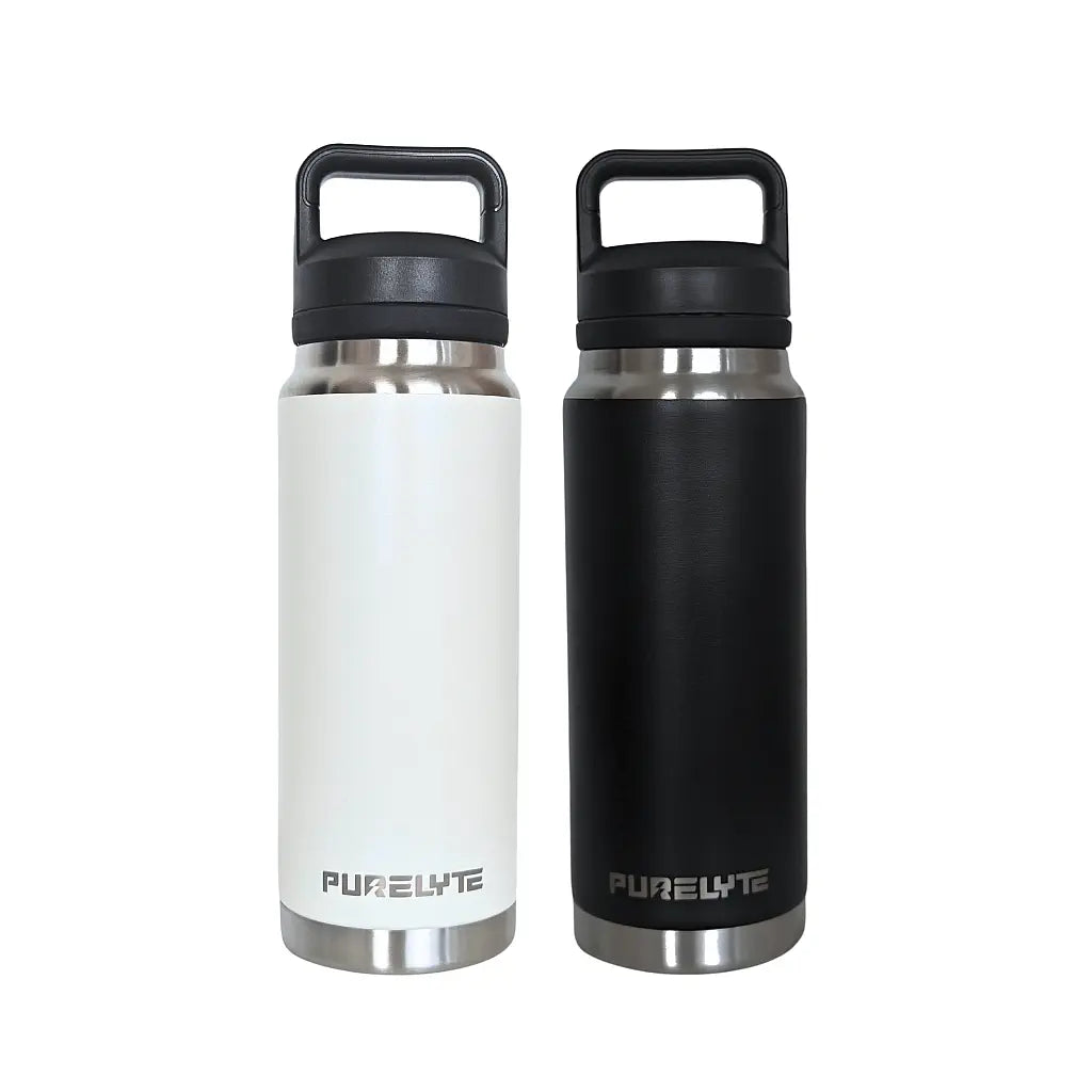 Two insulated bottles, one white and one black, with 'PURELYTE' branding on a white background.