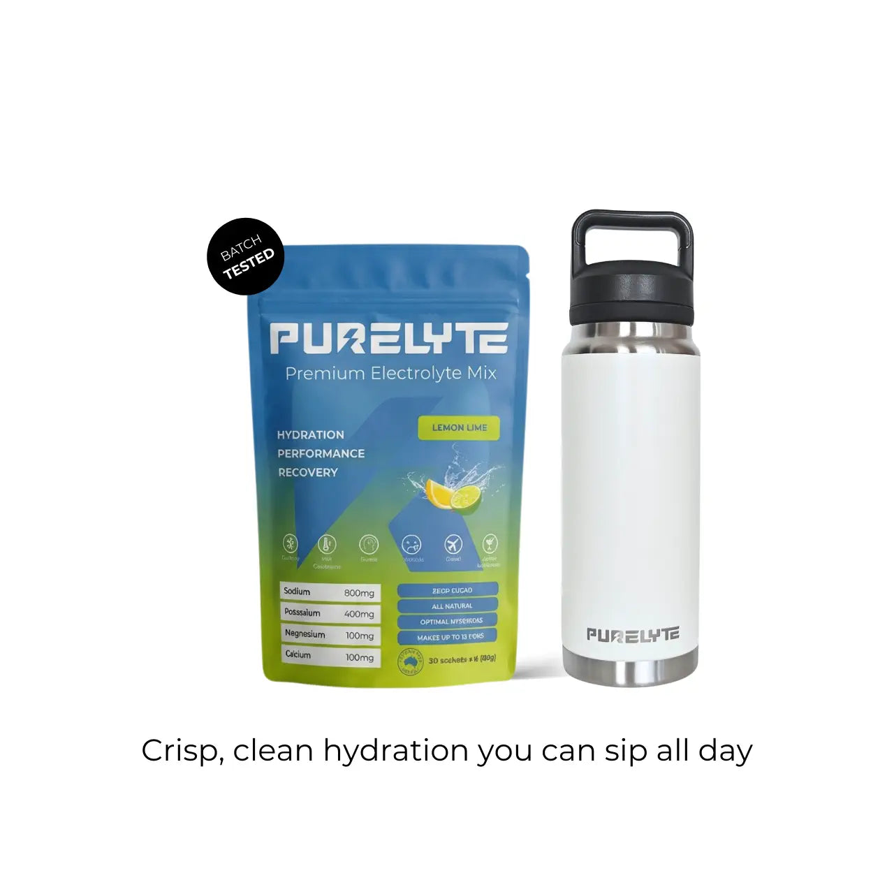 Purelyte Hydration Starter Pack - PURELYTE Lemon Lime electrolyte mix pack and white water bottle.