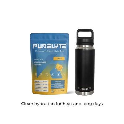 Purelyte Hydration Starter Pack - PURELYTE Mango electrolyte mix pack and black insulated bottle