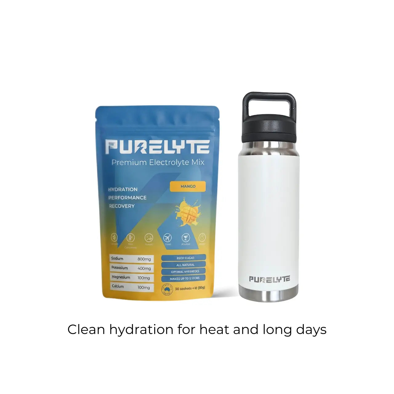 Purelyte Hydration Starter Pack - PURELYTE Mango electrolyte mix package and white water bottle