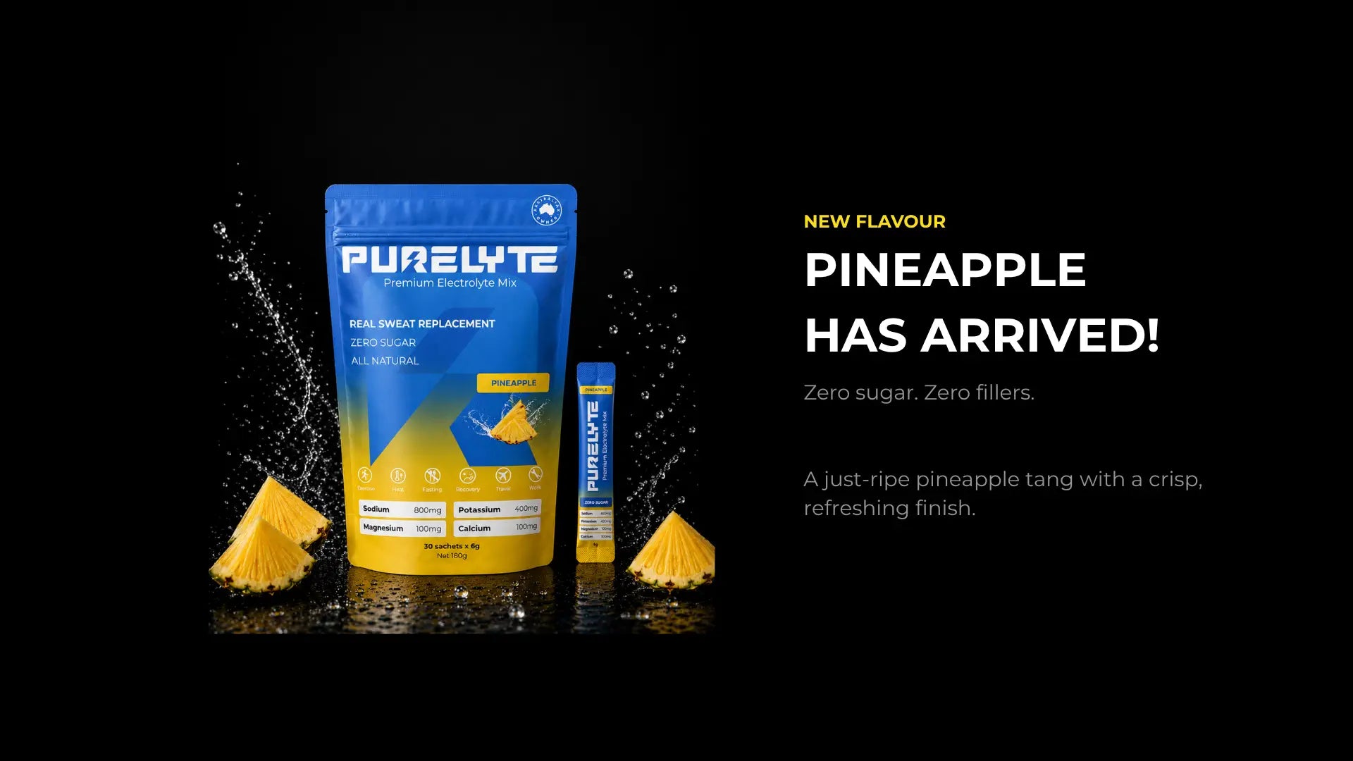 Purelyte sugar-free electrolyte pack in blue and yellow packaging on a black background, with a matching sachet beside it and text reading 'NEW FLAVOUR PINEAPPLE HAS ARRIVED!'.