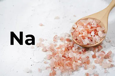 Wooden spoon with pink himalayan salt on a white background with 'Na' text
