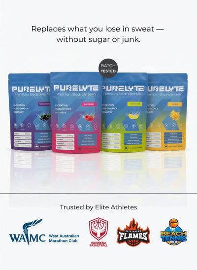 PURELYTE flavour range packages with sachets on a white background.