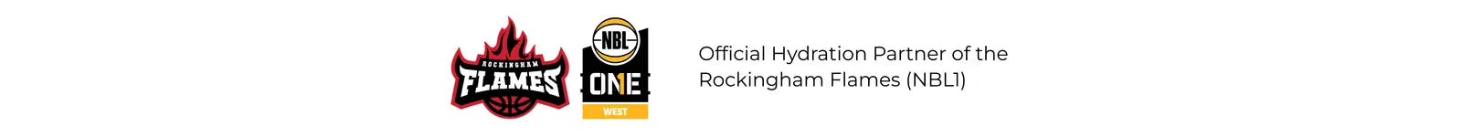 Logos of Rockingham Flames and NBL One with a Statement that Purelyte is the Official Hydration Partner of the Rockingham Flames.