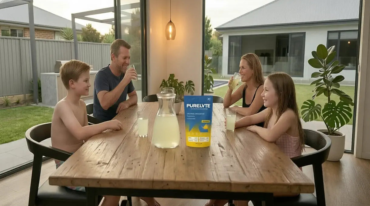 A family of four sits around a wooden dining table in a modern home, drinking from glass carafes. On the table is a pack of Pineapple Purelyte electrolyte powder.
